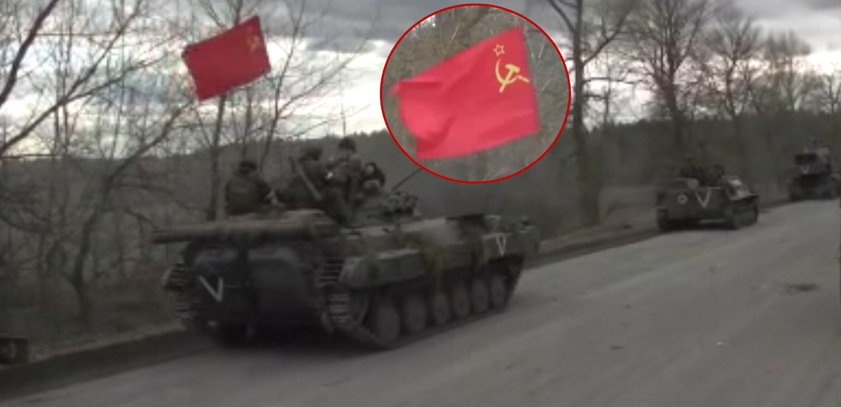 Ukrayna ərazisində hərəkət edən rus tankının üzərində SSRİ bayrağı -VİDEO